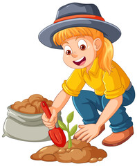 Sticker - Farmer planting small plant on the ground isolated