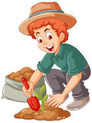 Poster - Farmer planting small plant on the ground isolated