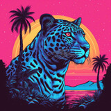 Fototapeta  - Leopard artwork with neon vibes and sunset backdrop
Vaporwave-inspired
