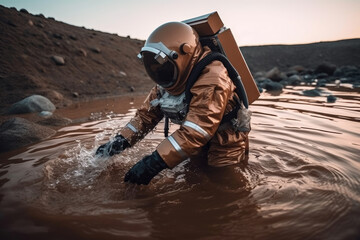 Poster - astronaut filtering water on alien planet. generative ai