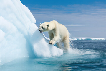 Wall Mural - Penguin group on melting iceberg, global warming. Generative AI