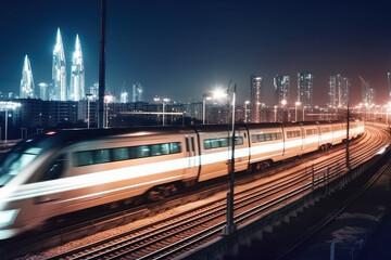 Fast modern train moving through the city the night. Generative AI