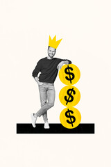 Aufkleber - Picture poster artwork sketch collage of handsome successful rich guy stand stack coins win jackpot isolated on white color background