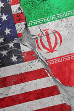 Illustration Of The Crack Between The Flags Of The United States And Iran, The Concept Of A Global Crisis In Political And Economic Relations