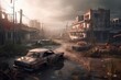 Post-apocalyptic city with abandoned and destroyed buildings. Generative AI