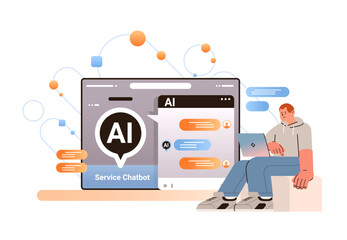 Poster - man having dialog with chat bot asking questions and receiving answers ai chatbot assistance customer service