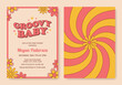 Groovy baby shower invitation template in retro 1970s style. Cute invitation card with flowers. Vector illustration