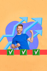 Poster - Collage illustration picture of young businessman excited raise fists happy hooray his projects growth price isolated on yellow background