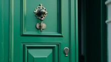 Green Colored Door With Handle And Lock Close-up. Generative Ai.