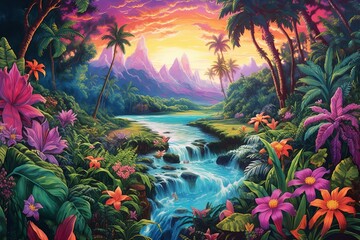  An illustration of a vibrant tropical scene. Created with Generative AI technology