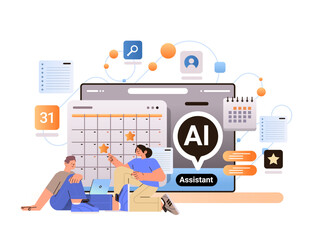 Poster - businesspeople using computer app with personal ai calendar assistant online service task management