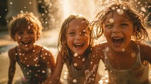 Children Playing In A Fountain On A Hot Summer Day, Generative AI