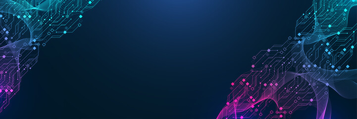 Aufkleber - Quantum computer technologies concept. Futuristic blue circuit board background. Modern technology circuit board texture background design. Waves flow. Quantum explosion technology, illustration