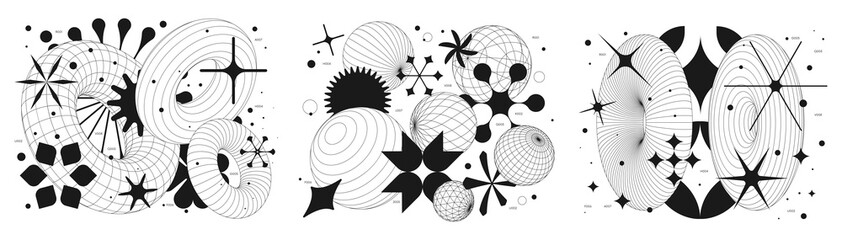 Wall Mural - Set futuristic retro PNG minimalistic illustration with 3d strange wireframes form graphic of geometrical shapes, silhouette basic figures, modern design inspired by brutalism