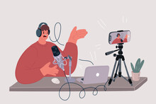Vector Illustration Of Youtube Bloggers Make Content. Video Blog