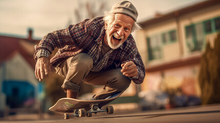 Energetic and joyful old man enjoy riding skateboard and doing stunts - ai generative