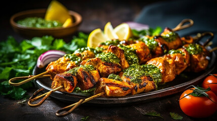 Wall Mural - Generative AI. Tangy Tandoori Chicken Skewers with Spicy Mint Chutney Ultra-high quality