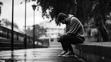 Depressed Young Man Sitting On The Street. Black And White Photo. Generative AI.