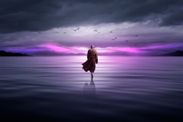 Wall Mural - Buddhist monk looking at the universe. AI generative