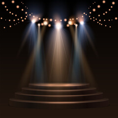 Poster - Spotlights With Stage. Gold Light Vector Effect. Round Podium And Light Rays.