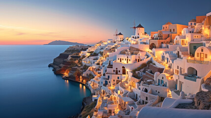 White architecture of Oia village on Santorini island, Greece. Generative AI