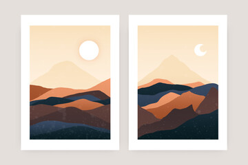 Wall Mural - abstract mountain landscape posters. contemporary nature sun moon print design, boho minimalist wall