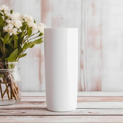 White Blank 20 oz Skinny Tumbler Mockup with Flower Vases: Professional Product Photography