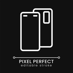 Poster - Smartphone pixel perfect white linear icon for dark theme. Mobile device for communication. Cellphone model. Thin line illustration. Isolated symbol for night mode. Editable stroke. Poppins font used