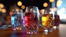 Glasses Of Soda In A Table. Different Soft Drink Flavours. Exotic Drinks. Colorful Sodas. Sparkling Drinks. Drinking And Having Fun.  