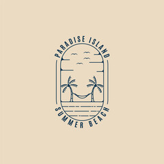Wall Mural - summer beach hammock line art logo vector illustration design. paradise island emblem symbol. palm tree line art icon