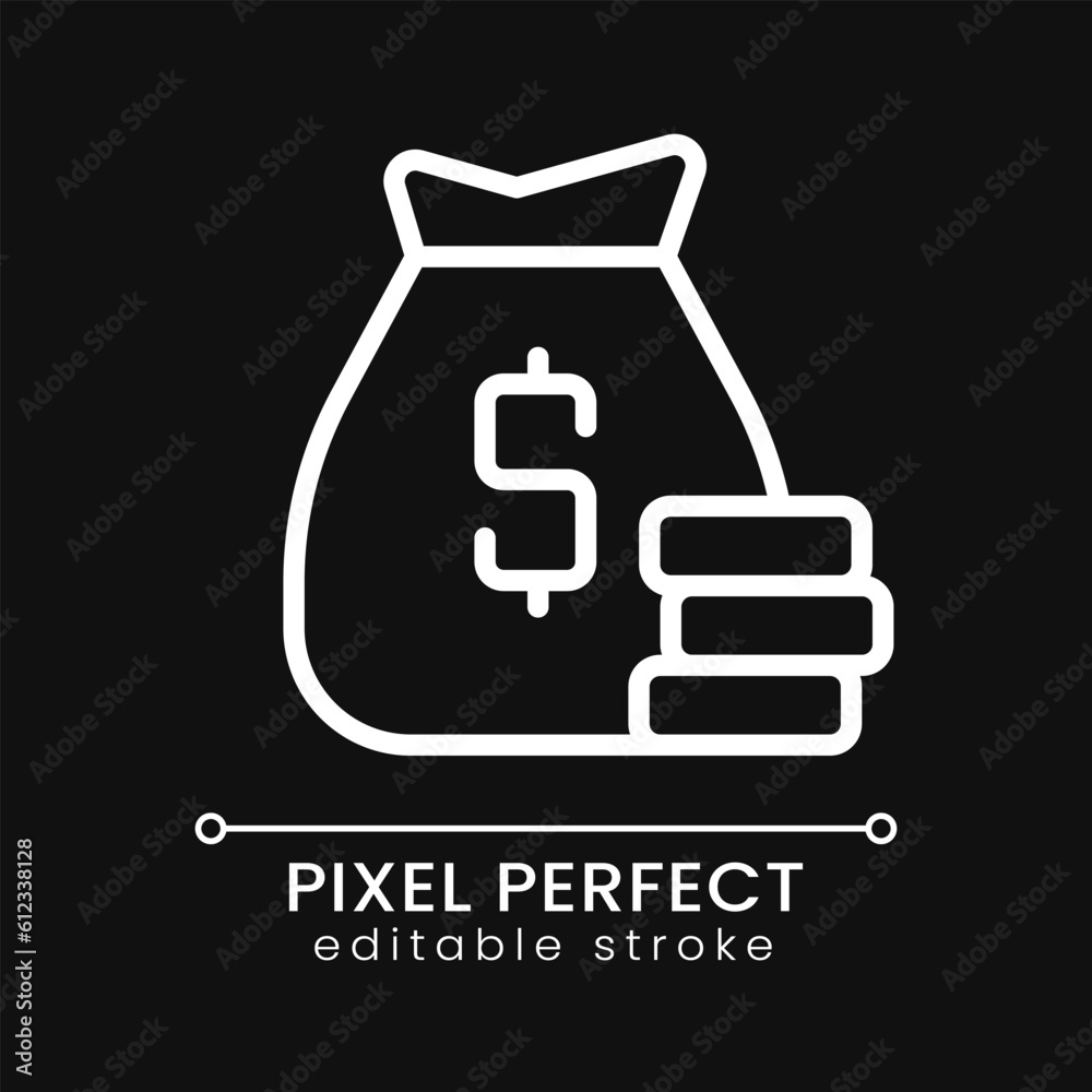 Loan pixel perfect white linear icon for dark theme. Bag of money ...