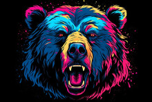 Abstract Neon Portrait Of A Bear's Head, A Grizzly In The Style Of Pop Art Highlighted On A Black Background. Generative AI Illustration