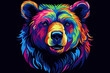 Abstract neon portrait of a bear's head, a grizzly in the style of pop art highlighted on a black background. Generative AI illustration