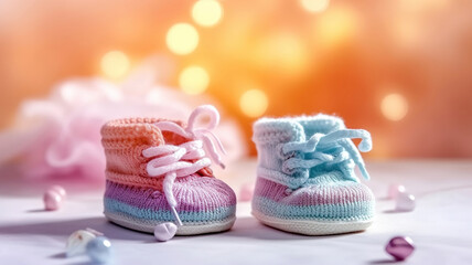 closeup of baby shoes, baby shower decoration. generative ai