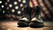 © Putra - military combat boots with US flag in the background. Generative Ai