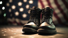 Military Combat Boots With US Flag In The Background. Generative Ai
