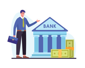 Monetary investment. Entrepreneur standing near banking institution. Cheerful young businessman with briefcase in hand pointing at bank building. Flat vector illustration