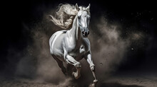 White Horse Run Forward In Dust On Dark Background. Generative Ai