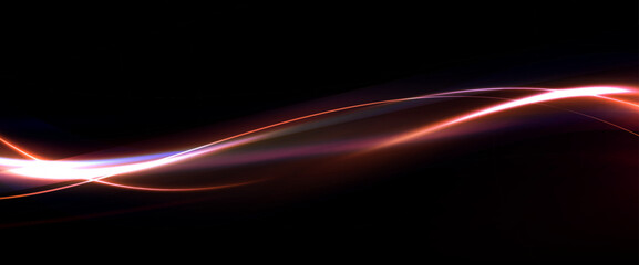 Poster - Futuristic neon light line trails. High speed effect motion blur night lights. Magic of moving fast motion, horizontal light rays. Abstract neon color glowing lines Futuristic background. Vector EPS10