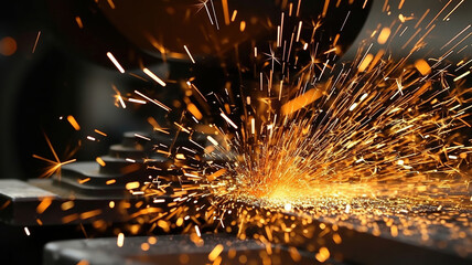 sparks flying while machine griding and finishing metal. Generative Ai