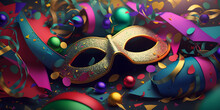 Classy Color Carnival Party Banner, Elegant Mask With Decorations Background. Generation AI