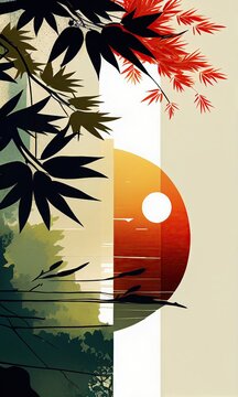 Wall Mural -  - Summer loneliness and nostalgia dyed in the twilight of traditional Japanese ukiyo-e Abstract, elegant and modern illustrations in calm colorsby AI generated.