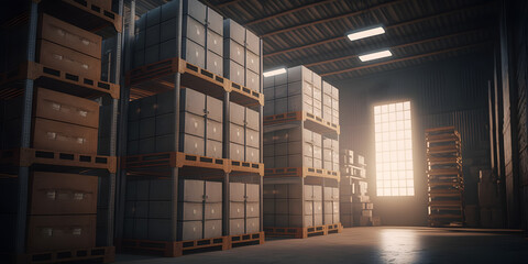 Concept banner center of logistic storage. Forklift with box working in Warehouse industrial premises for storing materials and wood. Generation AI