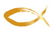 Golden fish symbol hand painted with ink brush, christian religious faith emblem, png isolated on transparent background.