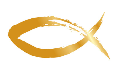 Golden fish symbol hand painted with ink brush, christian religious faith emblem, png isolated on transparent background.