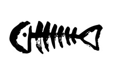 Fish Bone Skeleton Hand Painted With Ink Brush Stroke. Png Clipart Isolated On Transparent Background