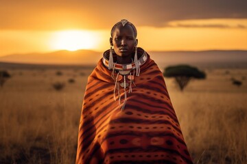 woman in traditional ethnical native clothes on savannah generative ai