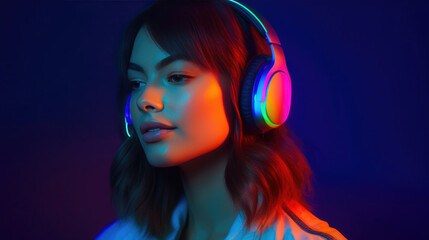 Sticker - Stylish Caucasian Woman Wearing Headphones in a Dark Studio. Generative AI