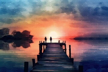 A serene lakeside dock watercolor illustration - Generative AI.