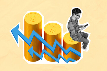 Sticker - Composite illustration collage growing sale volume business man receive his bank account more money stats growth isolated yellow background